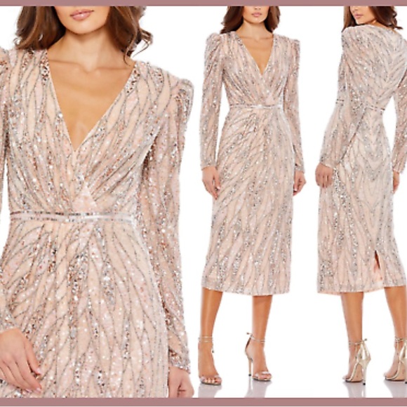 Mac Duggal Dresses & Skirts - Elegant Sequin Long Sleeve Dress - Silver